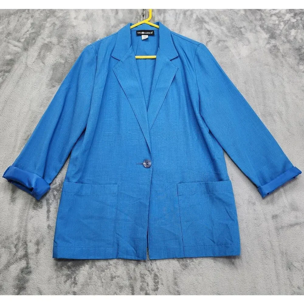 Vintage Sag Harbor Jacket Women 12 Blue Single Button Crop Cuffed Sleeves Blazer - Picture 1 of 10